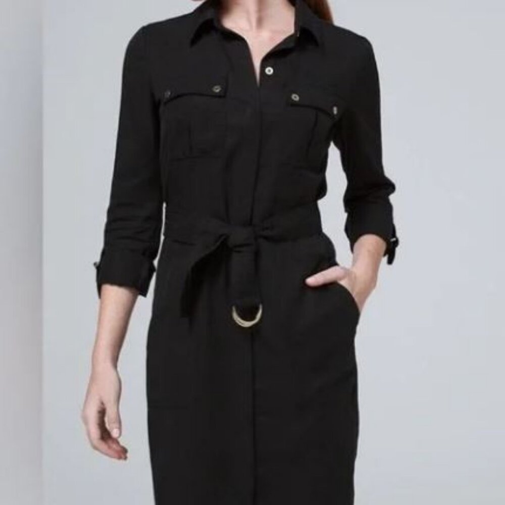 White House Black Market Long Sleeve Black Button Up Shirt Dress Sz 12 MSRP$ 150